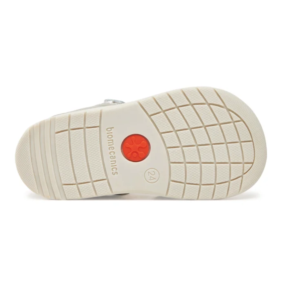 Sandali primi passi Biomecanics bianchi fantasia con strappo e punta chiusa