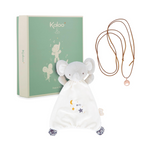 Morbido doudou a forma di elefante in tessuto con dettagli stellati, accompagnato da una collana bola in ottone rosa, pensata per rilassare il neonato.