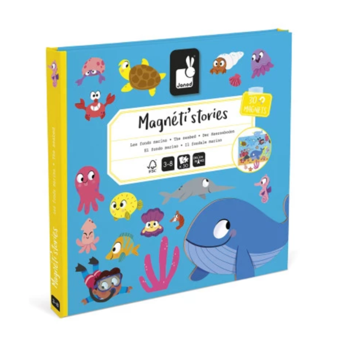 Gioco educativo Magneti’Stories Janod – Il fondo marino, confezione chiusa con illustrazioni marine colorate, ideale per bambini dai 3 agli 8 anni.