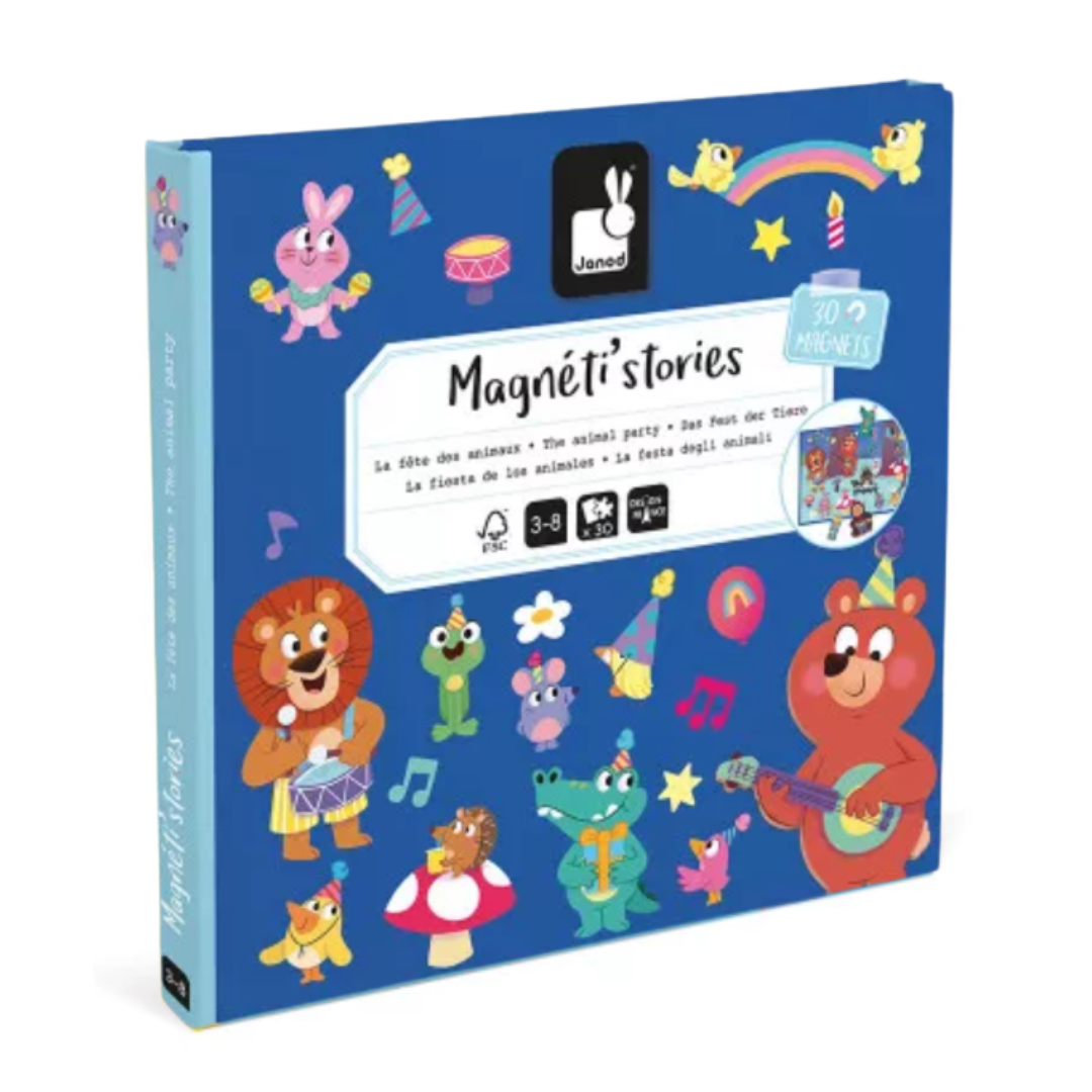 Confezione del gioco Magneti’Stories Janod – La festa degli animali, ideale per bambini 3-8 anni, con 30 magneti colorati e scenario pieghevole.