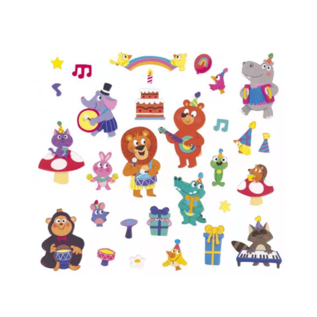 La festa degli animali, con leoni, orsi, coccodrilli, musica e decorazioni per inventare storie.