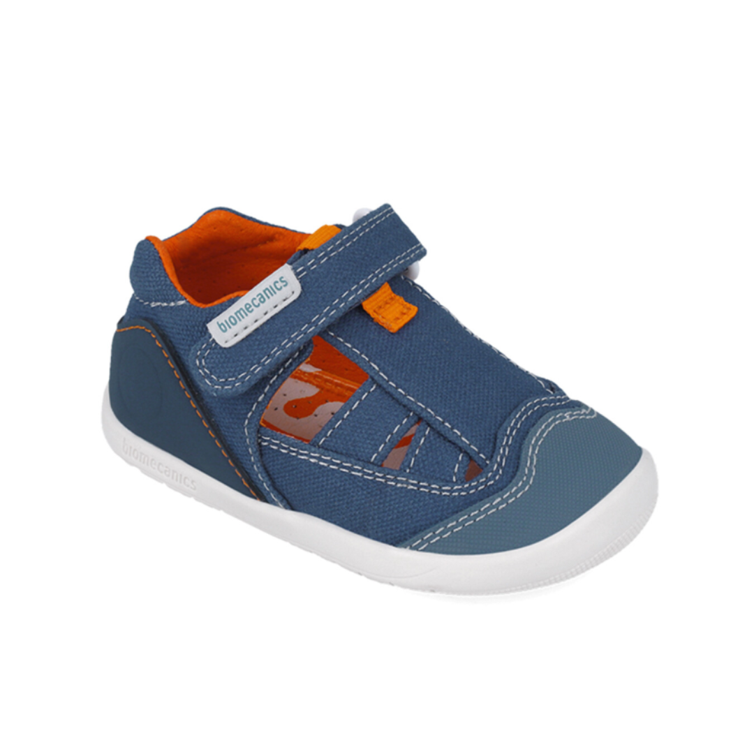 Sandali Biomecanics Biogateo in tela blu con chiusura a strappo ideali per i primi passi