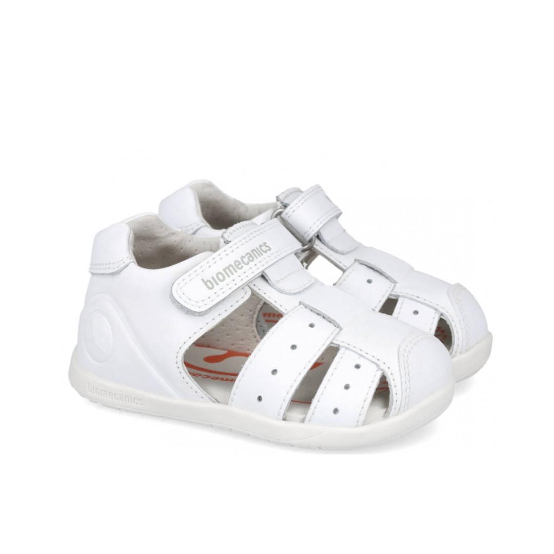 Profilo laterale del sandalo Biomecanics Biogateo bianco, con suola flessibile e struttura protettiva