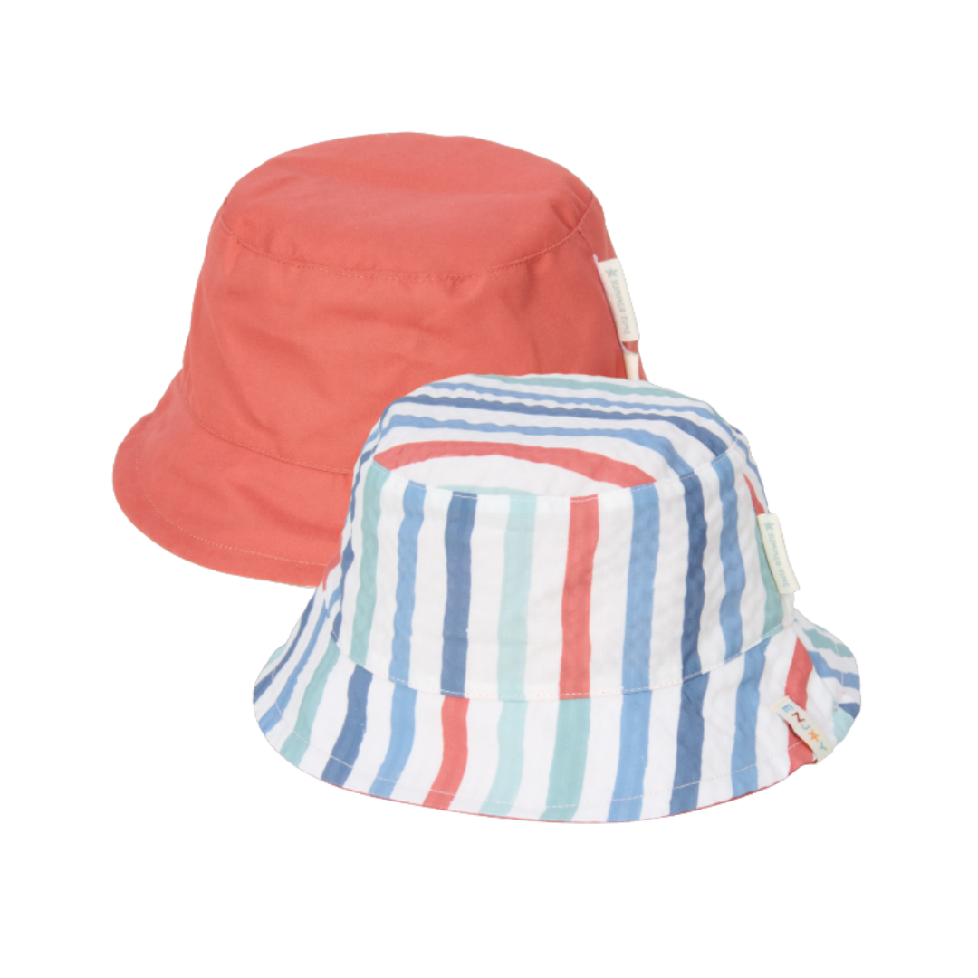 Cappello reversibile bambino Little Dutch con lato a righe multicolore e lato tinta unita rosso, modello bucket estivo