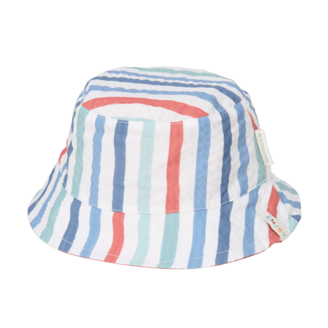 Cappello estivo reversibile Little Dutch per bambini, lato con righe colorate rosso, azzurro e verde su base bianca