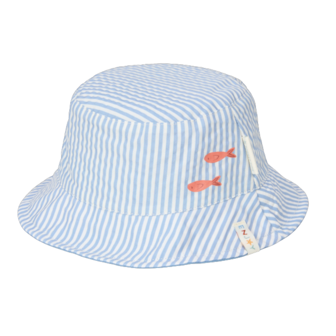 Cappello estivo Little Dutch a righe bianche e azzurre con stampa pesciolini