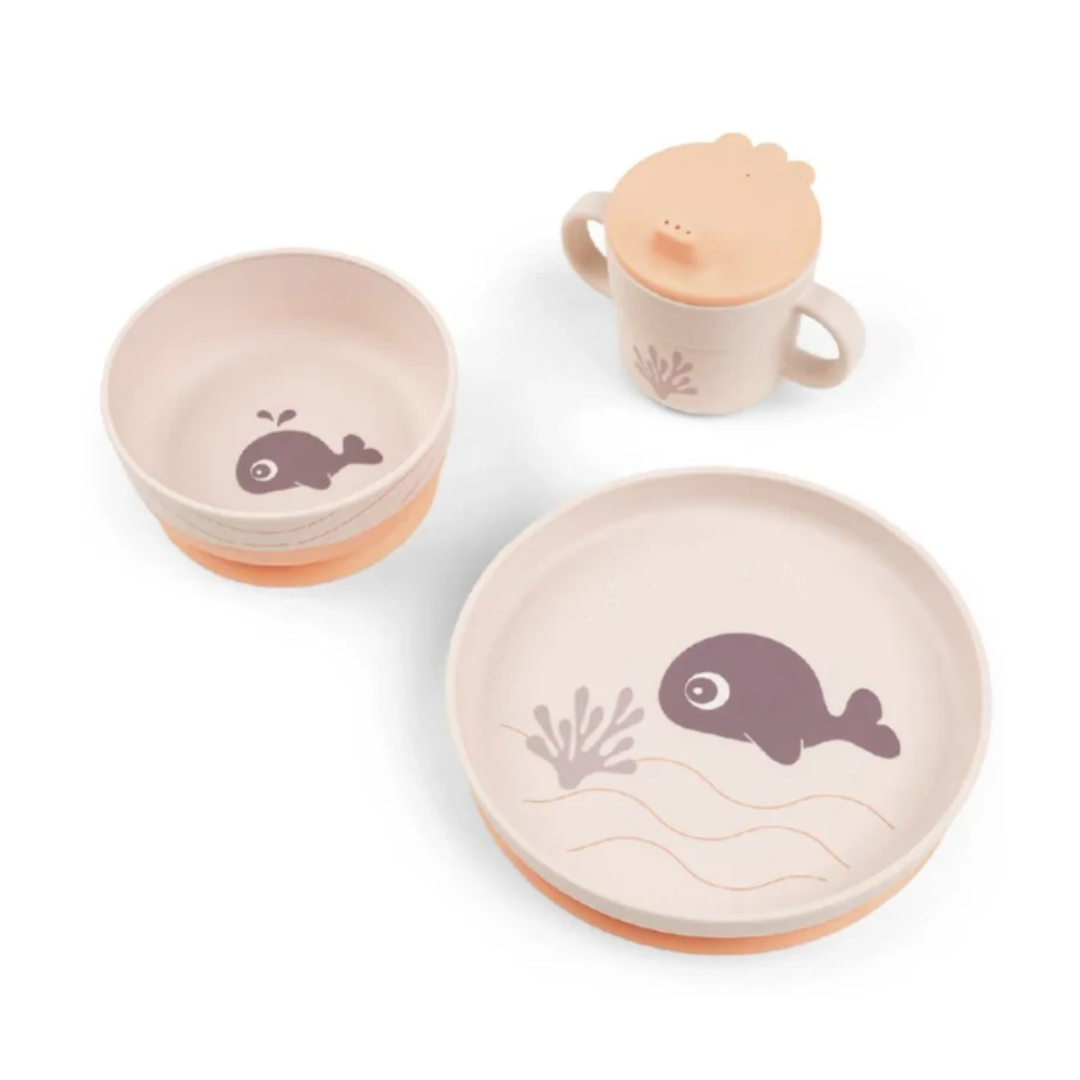 Set pappa - Rosa con piatto, ciotola e tazza, tutti con base antiscivolo arancione