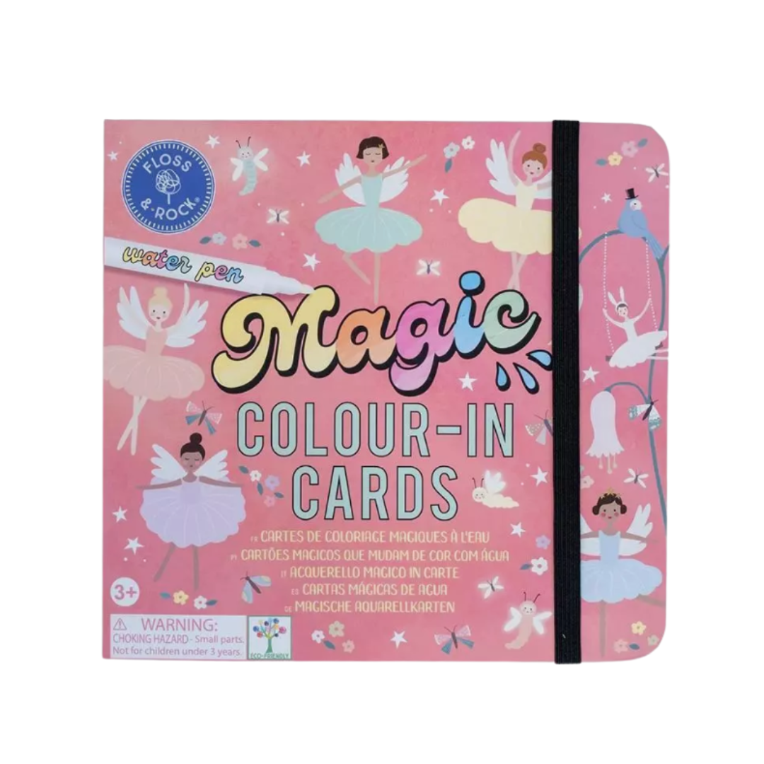 Copertina del gioco Magic Colour-In Cards Floss & Rock – tema ballerine, rosa con illustrazioni fiabesche e titolo arcobaleno