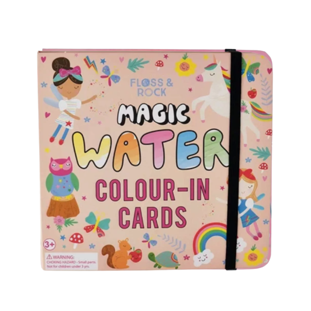 Copertina del libro gioco Magic Water Colour-In Cards Floss & Rock – tema unicorni, fate e arcobaleni su fondo rosa