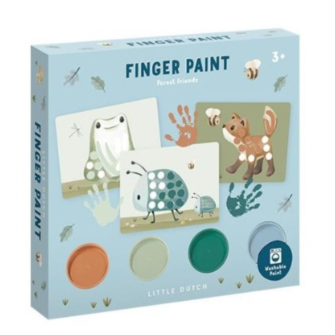 Confezione del set pittura a dita Little Dutch con 4 colori lavabili e illustrazioni di animali della foresta