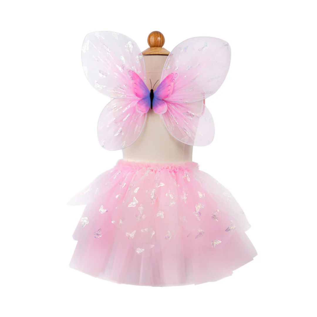 Costume da fata farfalla rosa con ali trasparenti e dettagli iridescenti