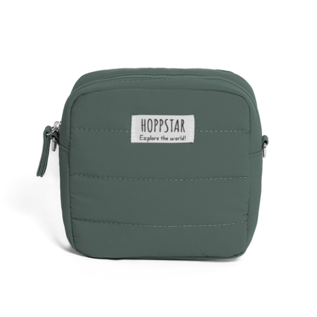 Borsa custodia imbottita in verde laurel con chiusura a zip, progettata per trasportare e proteggere le fotocamere Hoppstar