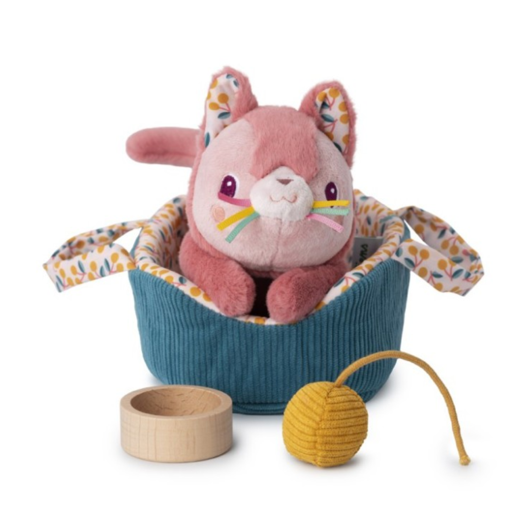 gatto di peluche nel cestino