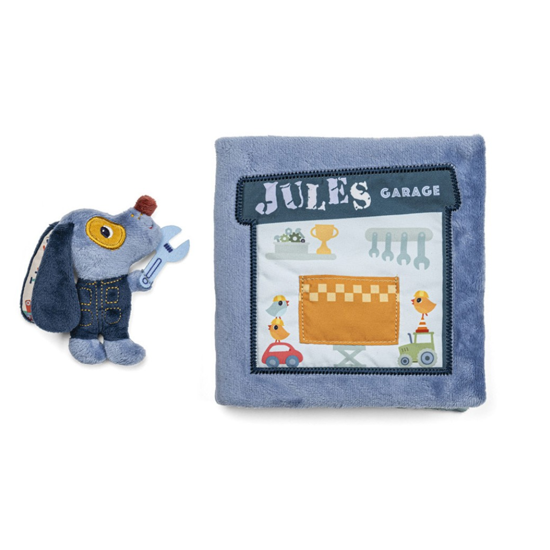 Lilliputiens Libro di stoffa sensoriale “Il garage di Jules” – Quiet Book 12 mesi