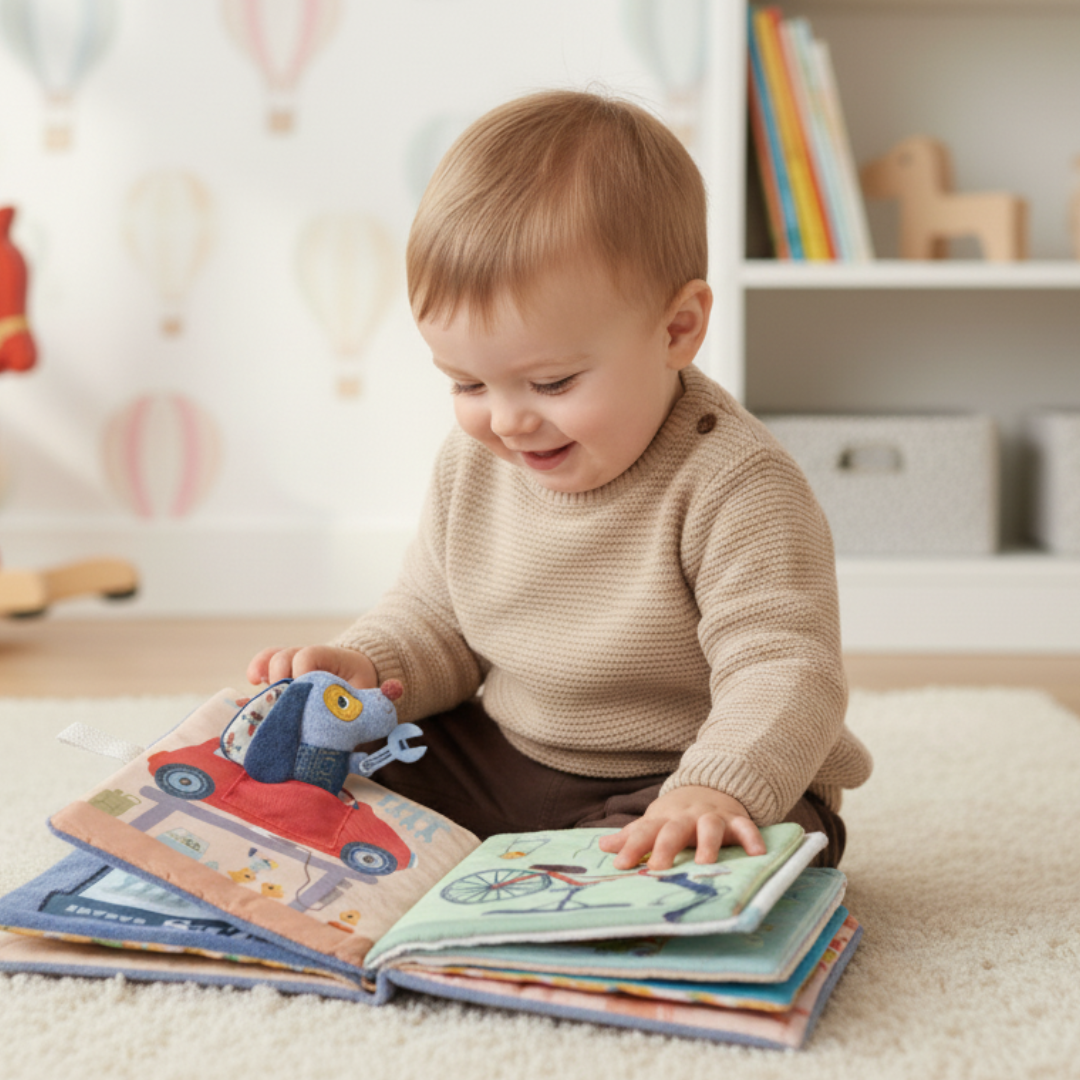 Lilliputiens Libro di stoffa sensoriale “Il garage di Jules” – Quiet Book 12 mesi