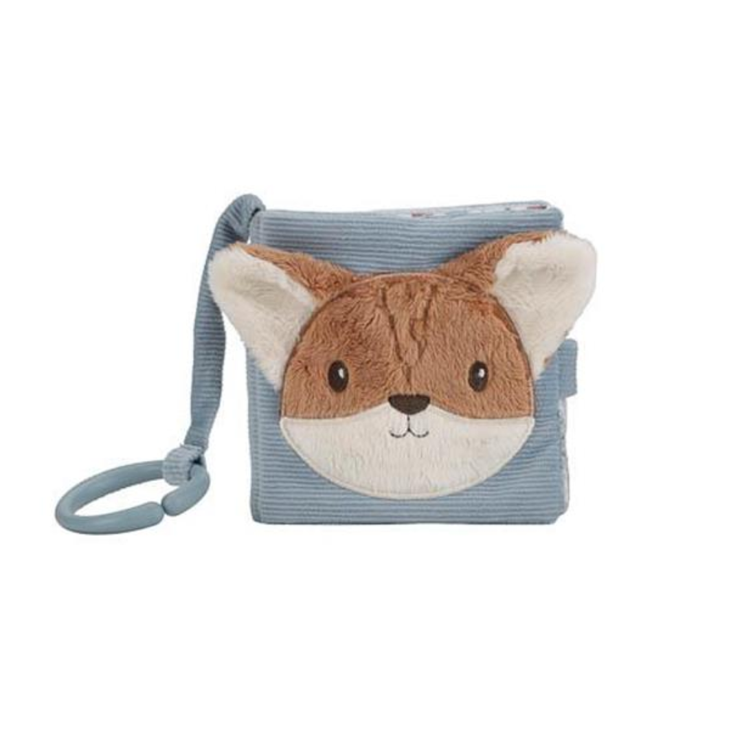 Libro sensoriale da passeggino Little Dutch con volpe in rilievo e anello di fissaggio.