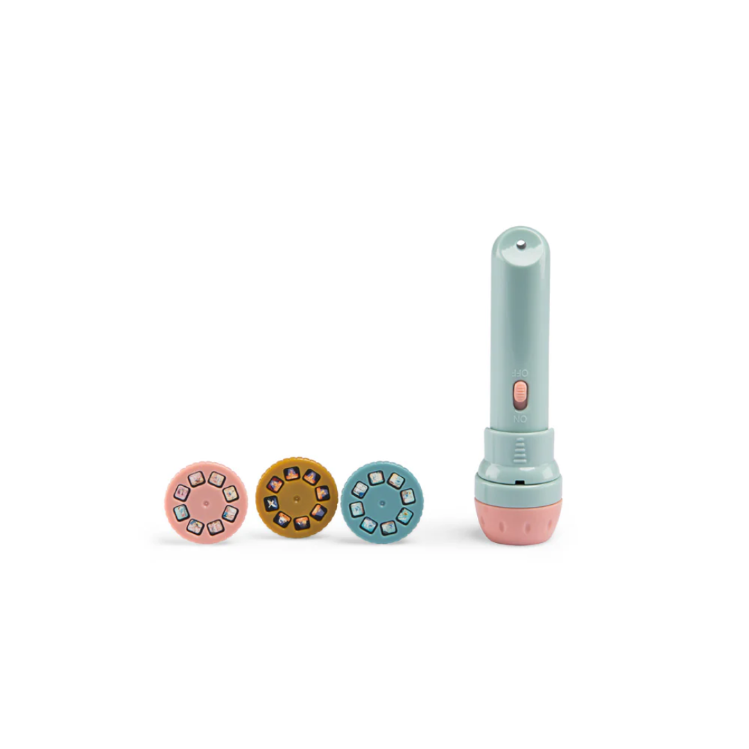 Torcia proiettastorie Moulin Roty con dischi intercambiabili, lampada proietta immagini per storie della buonanotte.