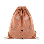 Vista frontale del Trixie Sacca Zaino Mrs.Cat con design gatto, chiusura a coulisse e tessuto in cotone color pesca