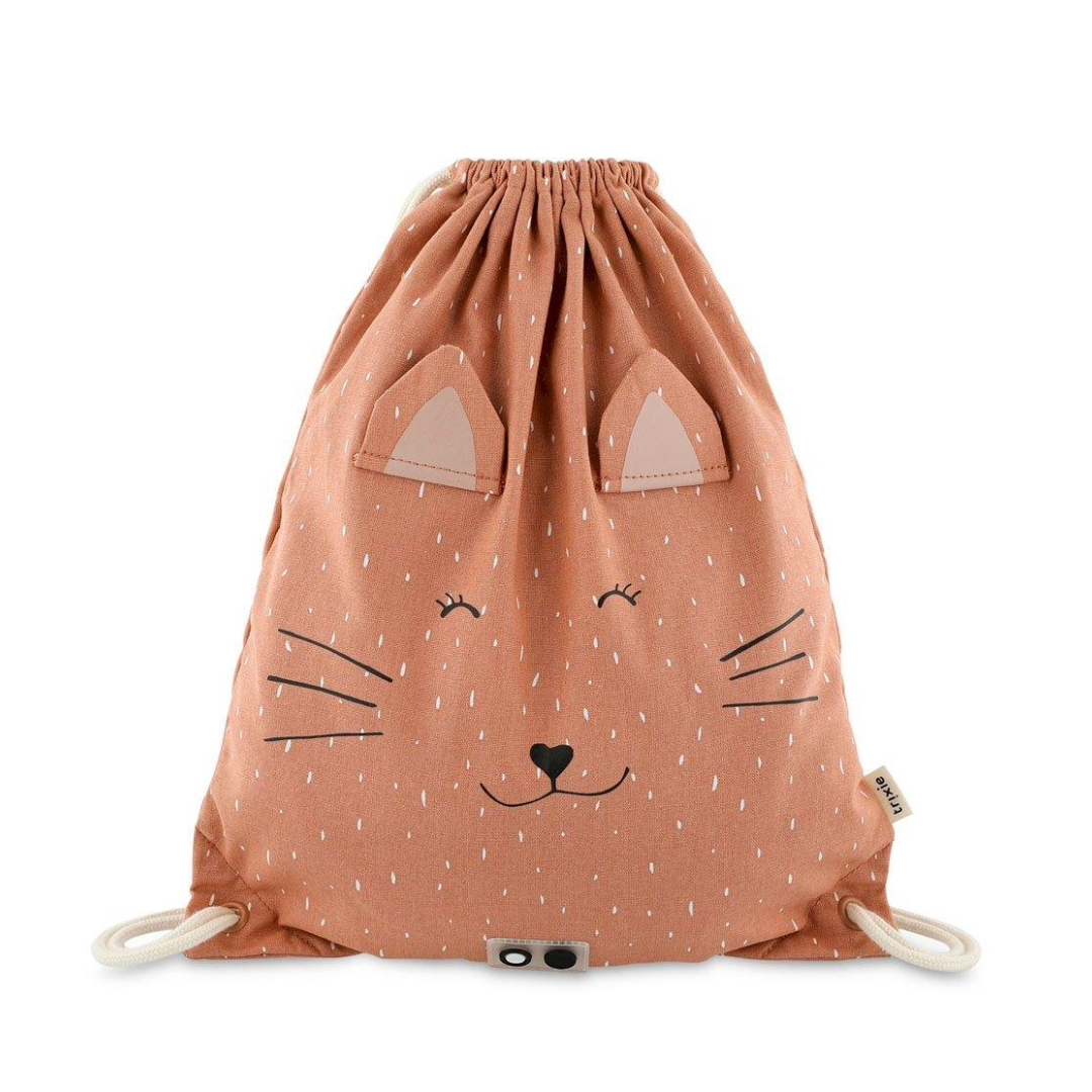 Vista frontale del Trixie Sacca Zaino Mrs.Cat con design gatto, chiusura a coulisse e tessuto in cotone color pesca