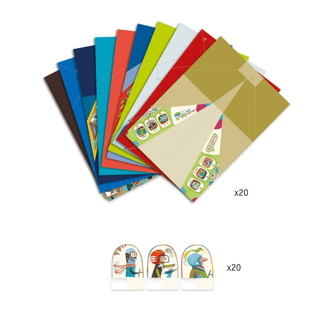 Fogli pretagliati e adesivi decorativi inclusi nel kit fai da te Djeco.