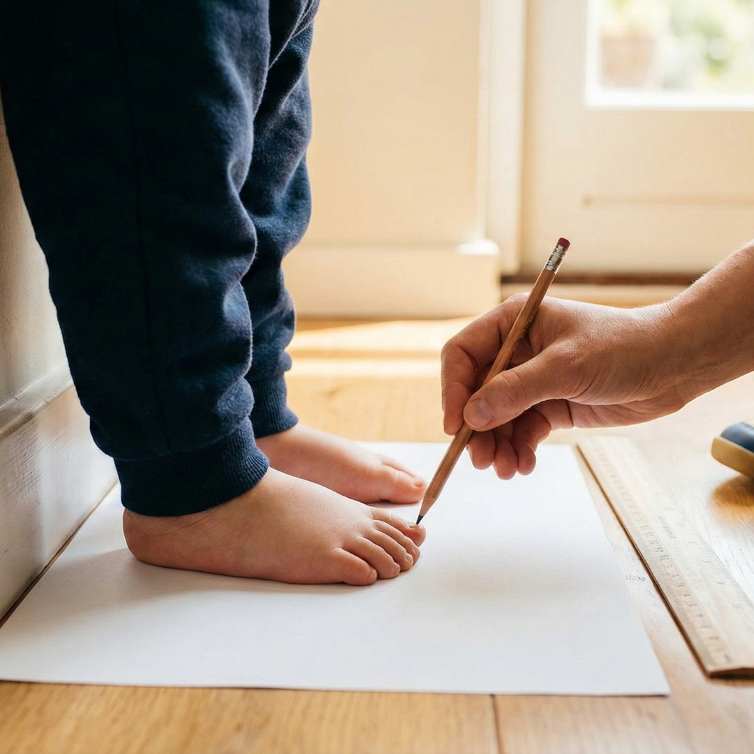 Esempio pratico di come misurare il piedino a casa per scegliere la taglia corretta di scarpe primi passi Bobux Step Up e I Walk.