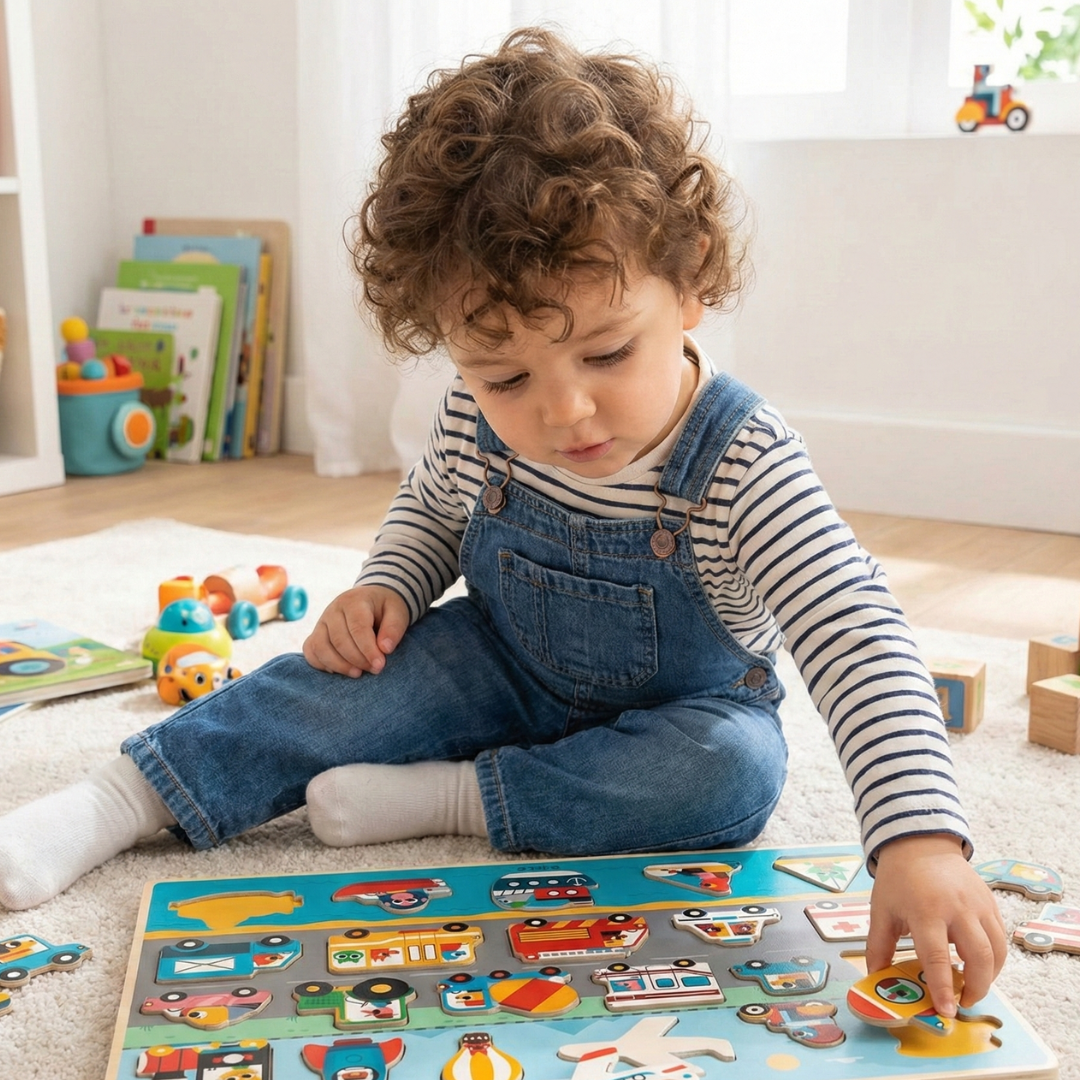 Giochi in legno 18 mesi: bambino che gioca con puzzle in legno colorato seduto sul tappeto