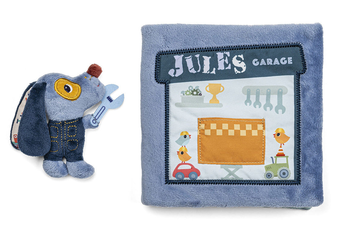 Il Garage di Jules Lilliputiens 83585, libro attività in stoffa con il cane Jules
