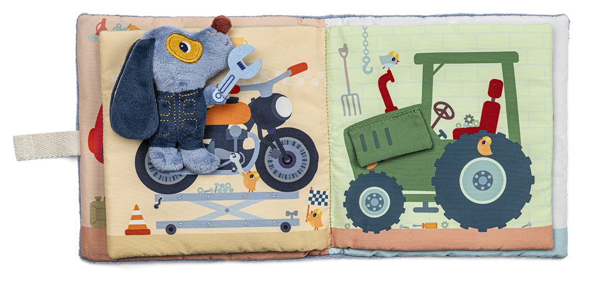 Lilliputiens Il Garage di Jules, libro in stoffa con veicoli da scoprire