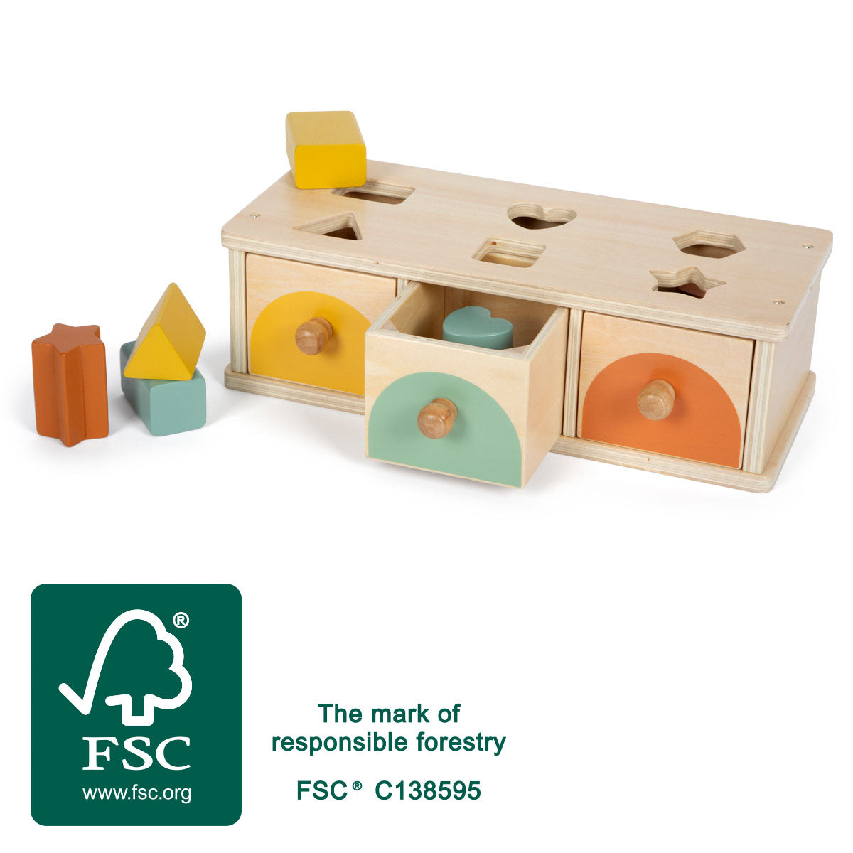 Gioco di selezione Montessori Small Foot in legno con tre cassetti colorati