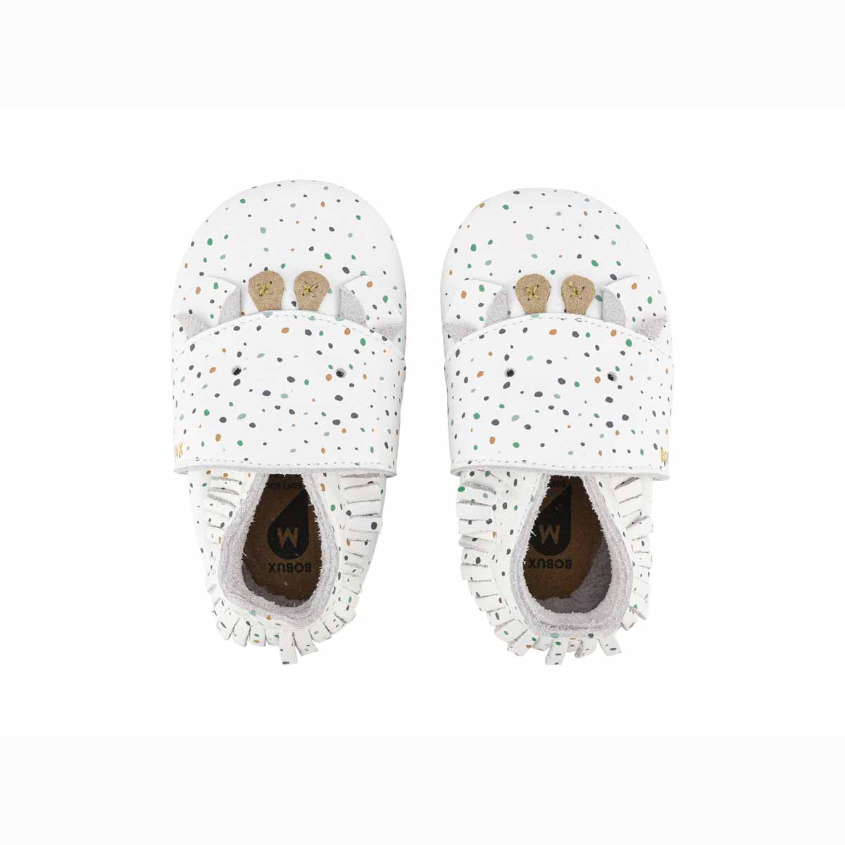 Bobux Soft Sole Frekles White, scarpine in pelle bianca a pois con musetto di giraffa