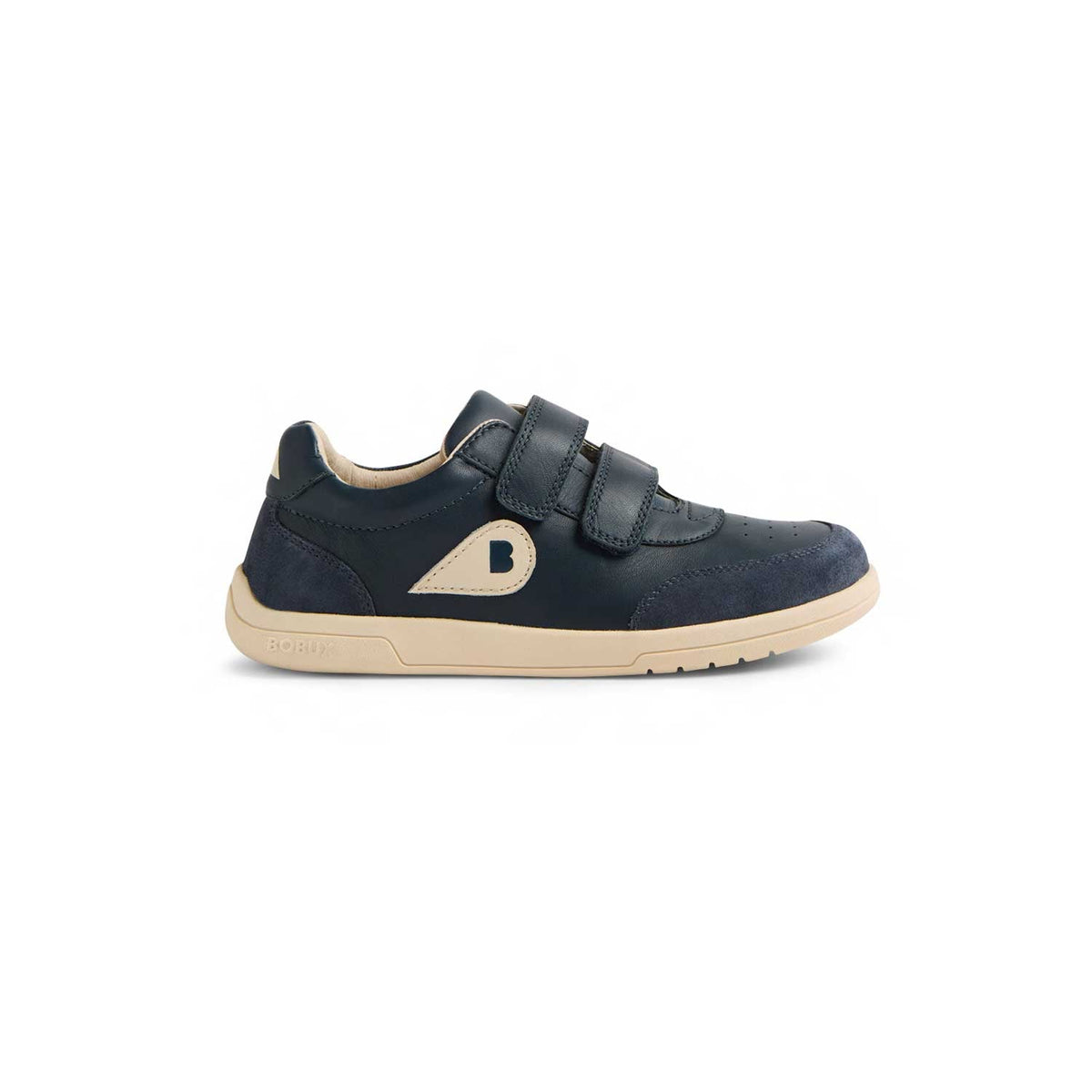 Sneaker Bobux Kid+ Champ II Navy in pelle blu con doppio velcro, logo Bobux color panna e suola flessibile chiara