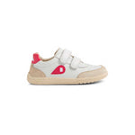 Sneaker Bobux Kid+ Champ II Chalk Radiant Raspberry in pelle bianca con logo e talloncino lampone e suola color panna