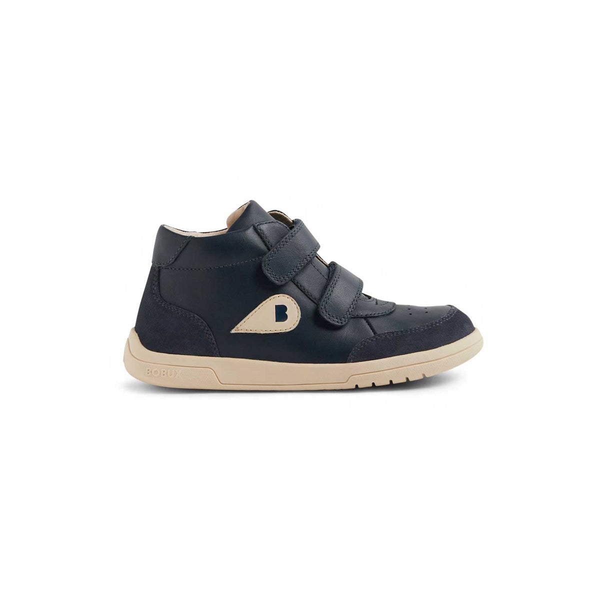 Sneaker alta Bobux Kid+ Champ High II Navy in pelle blu con doppio velcro, logo color panna e suola flessibile chiara