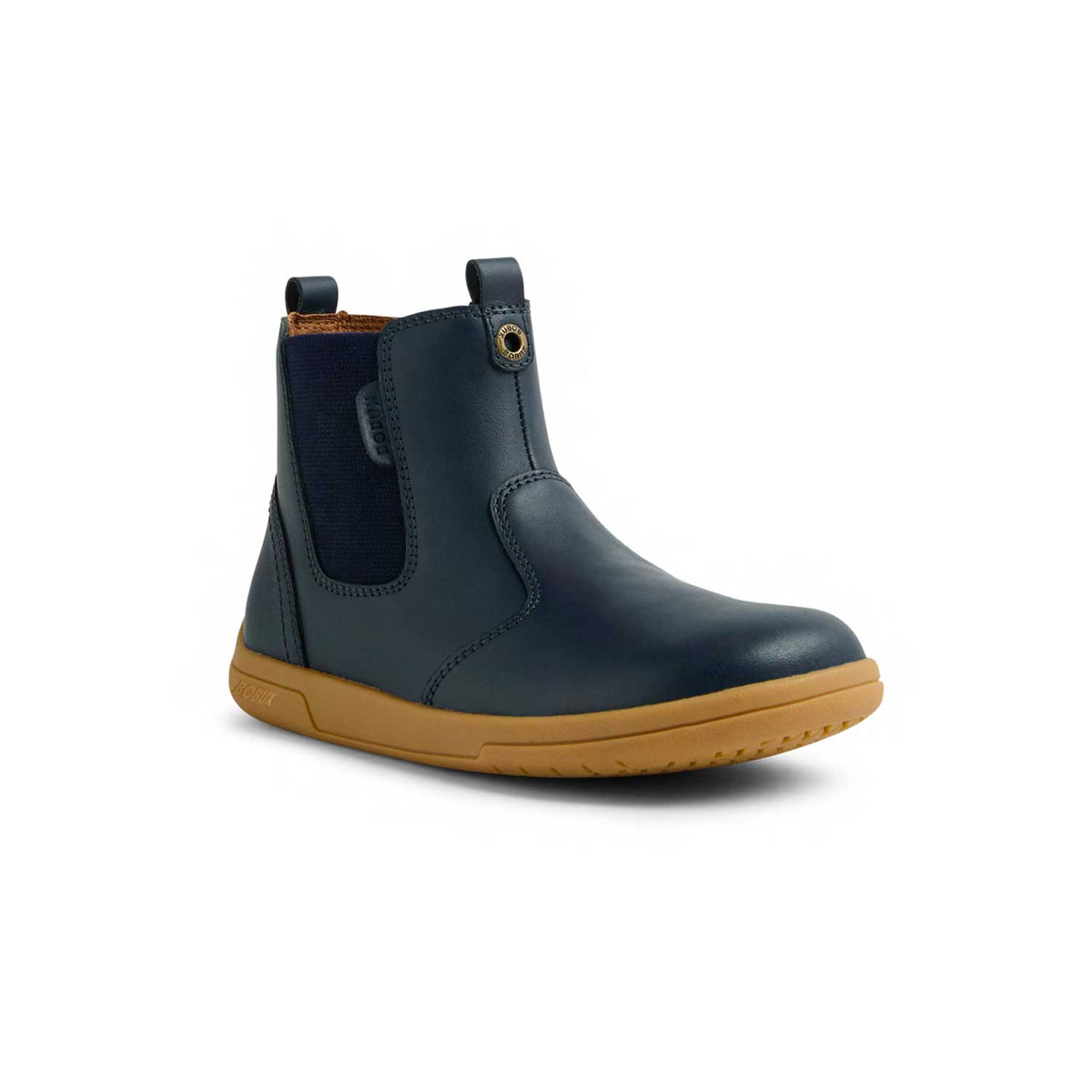 Stivaletto Bobux Kid+ Jodhpur II Navy in pelle blu con elastico laterale e suola flessibile color miele, vista laterale