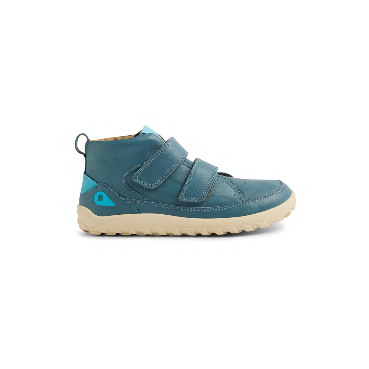 Sneaker alta barefoot Bobux Kid+ Alpha Trek Stormy Weather blu petrolio con doppio velcro, dettagli turchesi e suola chiara