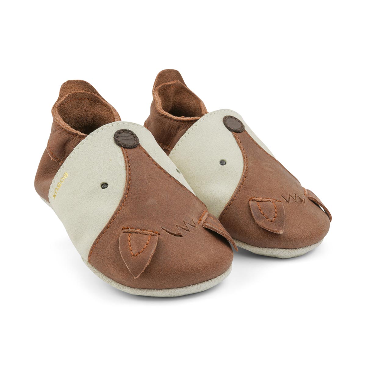 Bobux Soft Sole Foxy Toffee, scarpine in pelle color toffee con musetto di volpe