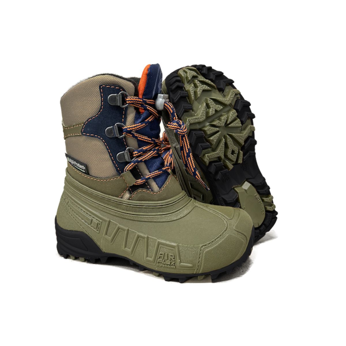 Scarponcino invernale Boatilus Hybrid 14 Kaky con scafo in PET verde kaki, gambale in tessuto e lacci arancioni