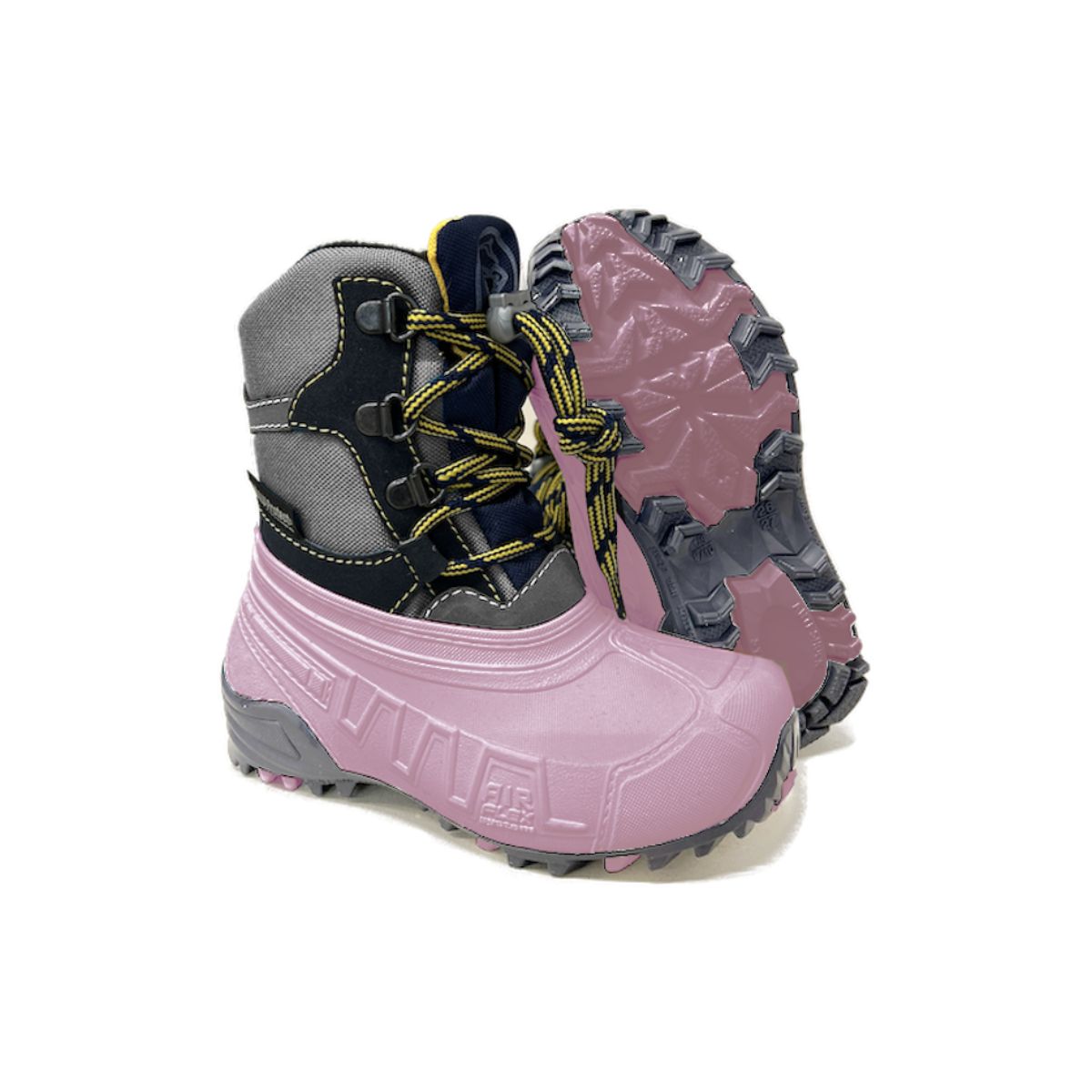 Scarponcino invernale Boatilus Hybrid 14 Pink con scafo in PET rosa, gambale grigio in tessuto e lacci gialli