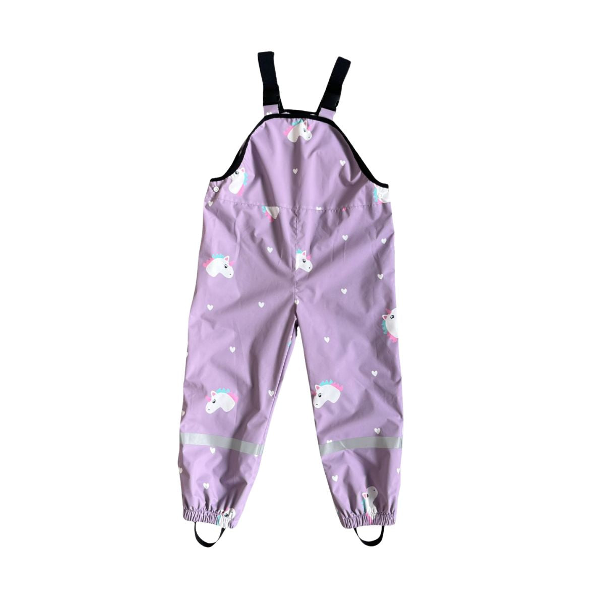 Mr Tiggle pantaloni pioggia impermeabili bambina unicorno cuori lilla, salopette con bretelle