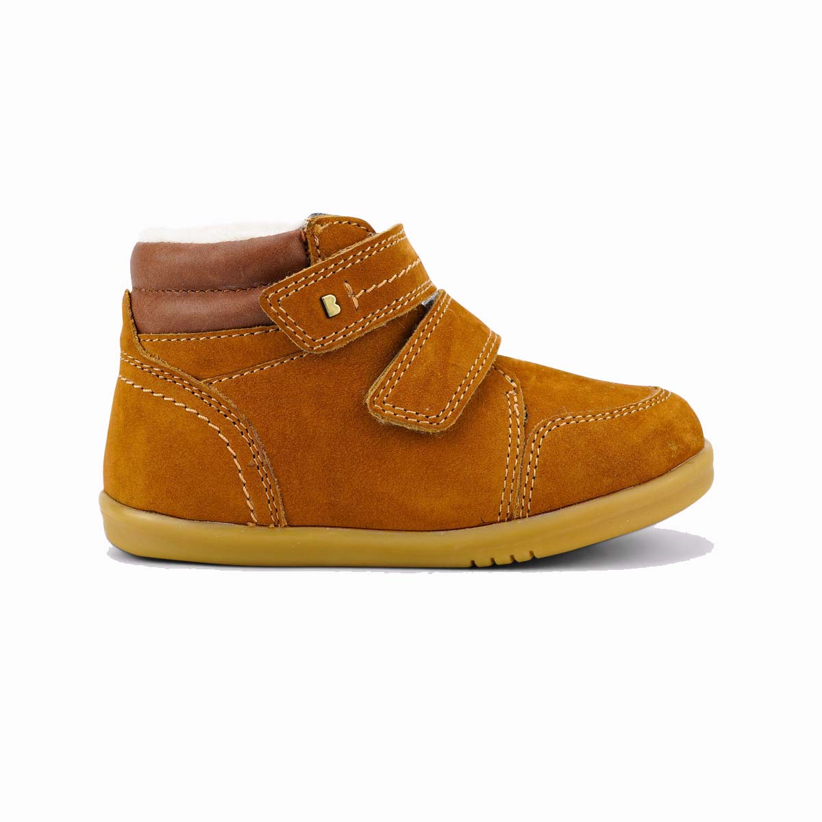 Scarponcino Bobux Kid+ Timber II Mustard in nubuck giallo senape con collo marrone, doppio velcro e suola color miele