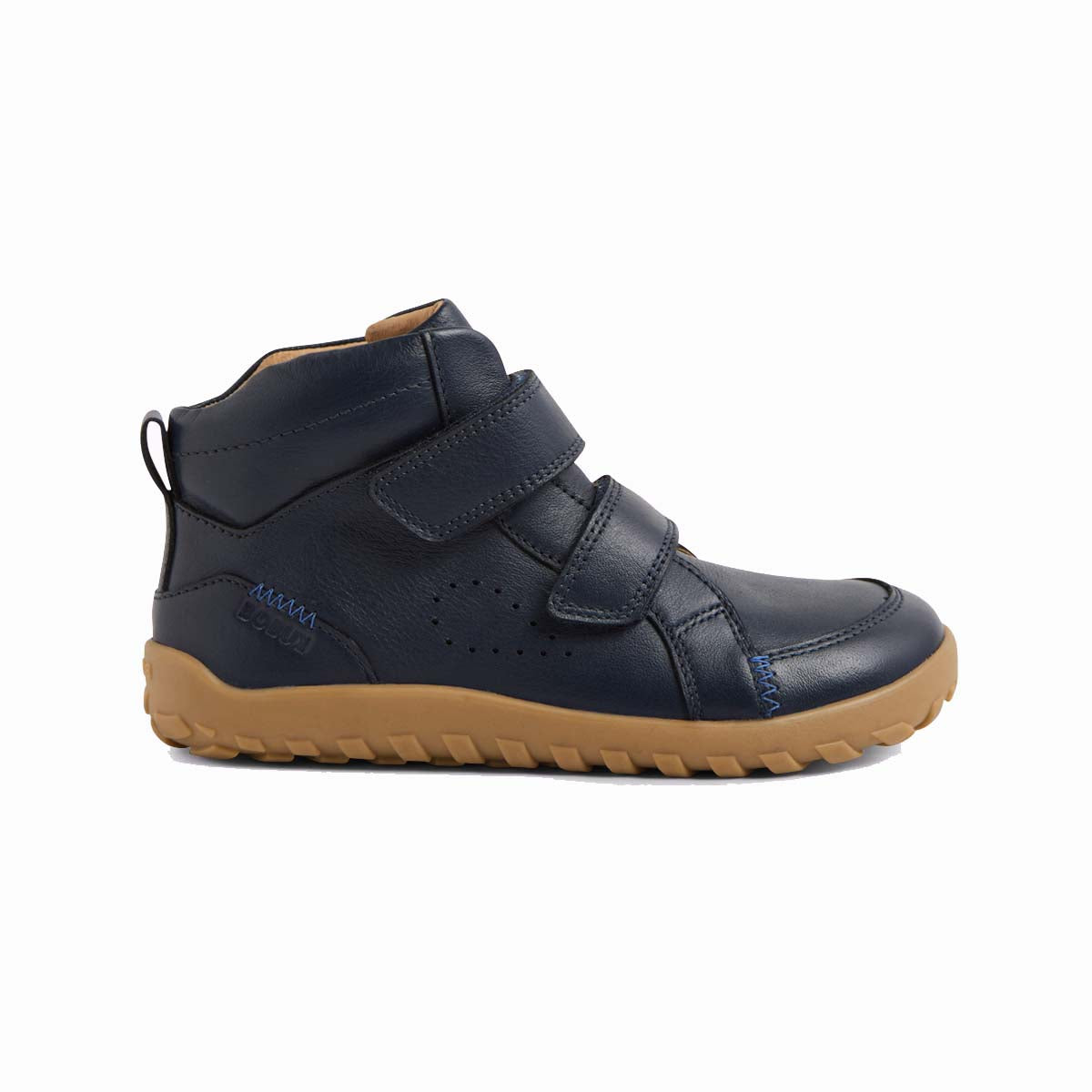 Stivaletto barefoot Bobux Kid+ Alpha Ember Navy in pelle blu con doppio velcro, anello sul tallone e suola color miele