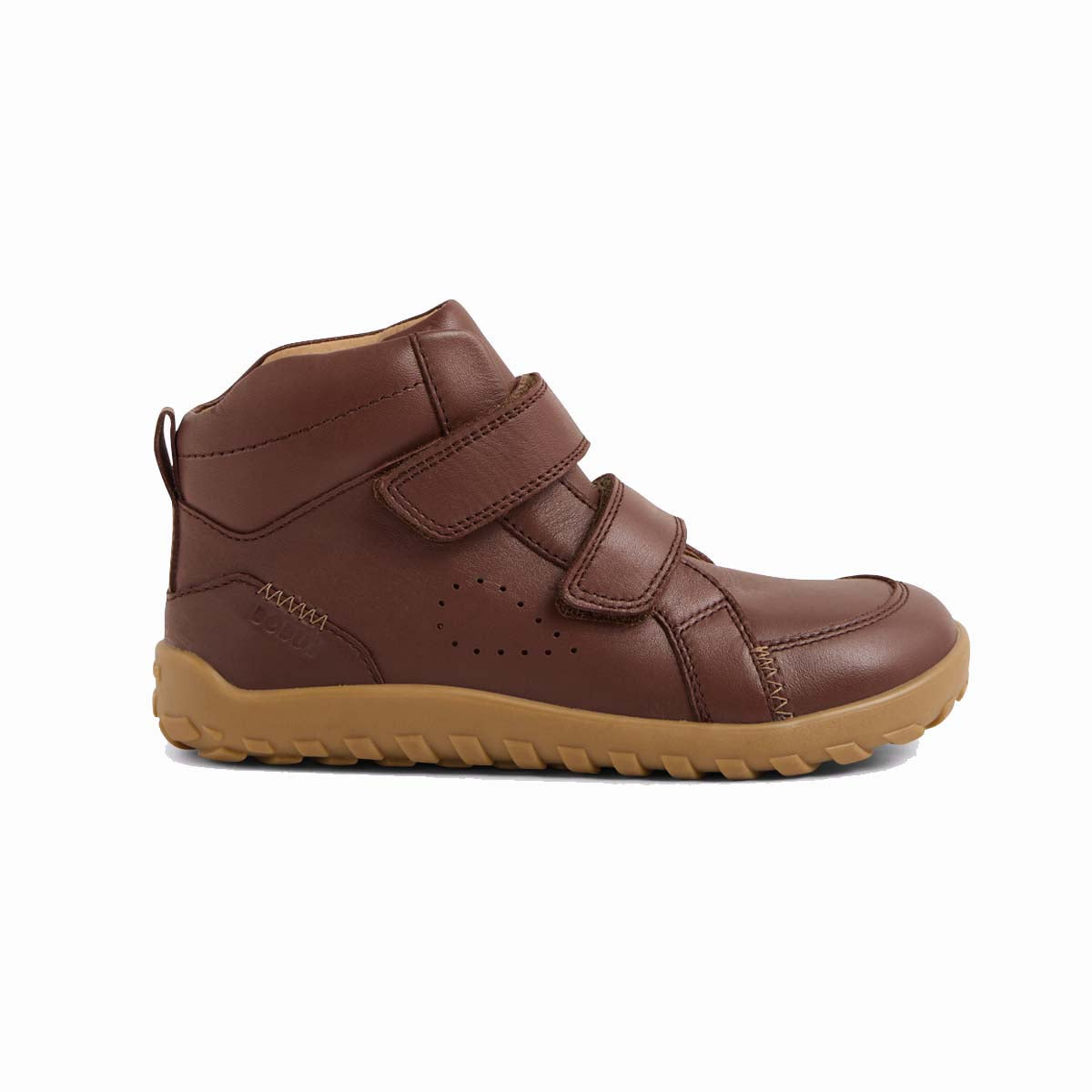 Stivaletto barefoot Bobux Kid+ Alpha Ember Cappuccino in pelle marrone con doppio velcro, anello sul tallone e suola color miele