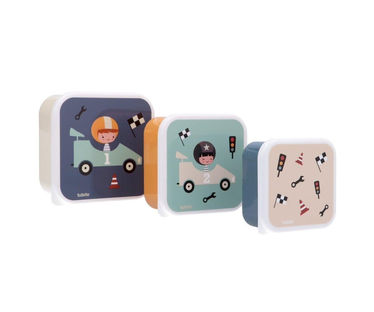 Set di 3 scatoline porta merenda Tutete Speed Racers, fantasia auto da corsa