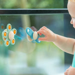 tickit spinner a fiore verde acqua con cinque petali e bottoni pop, regalo nascita