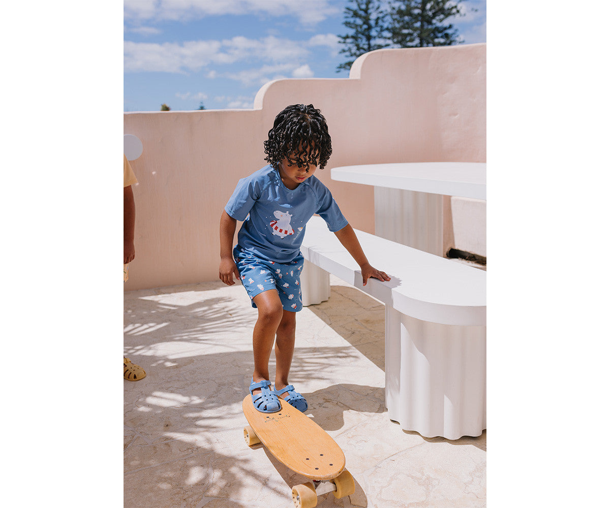Costume da bagno bambino Monnëka azzurro fantasia ippopotami