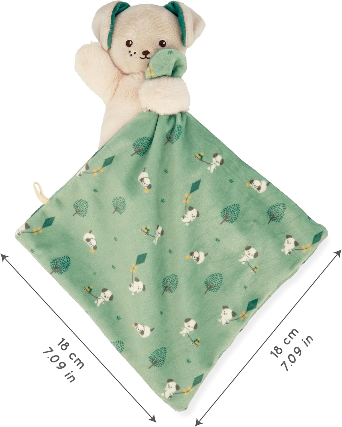 Misure del doudou Kaloo Carré Douceur Cagnolino Verde: quadrato di 18 x 18 cm in microvelour