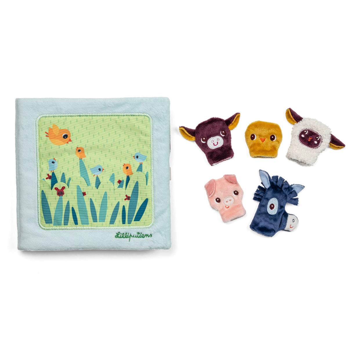 Lilliputiens I Bambini, libro con 5 marionette da dito, giochi per bambini 6-12 mesi