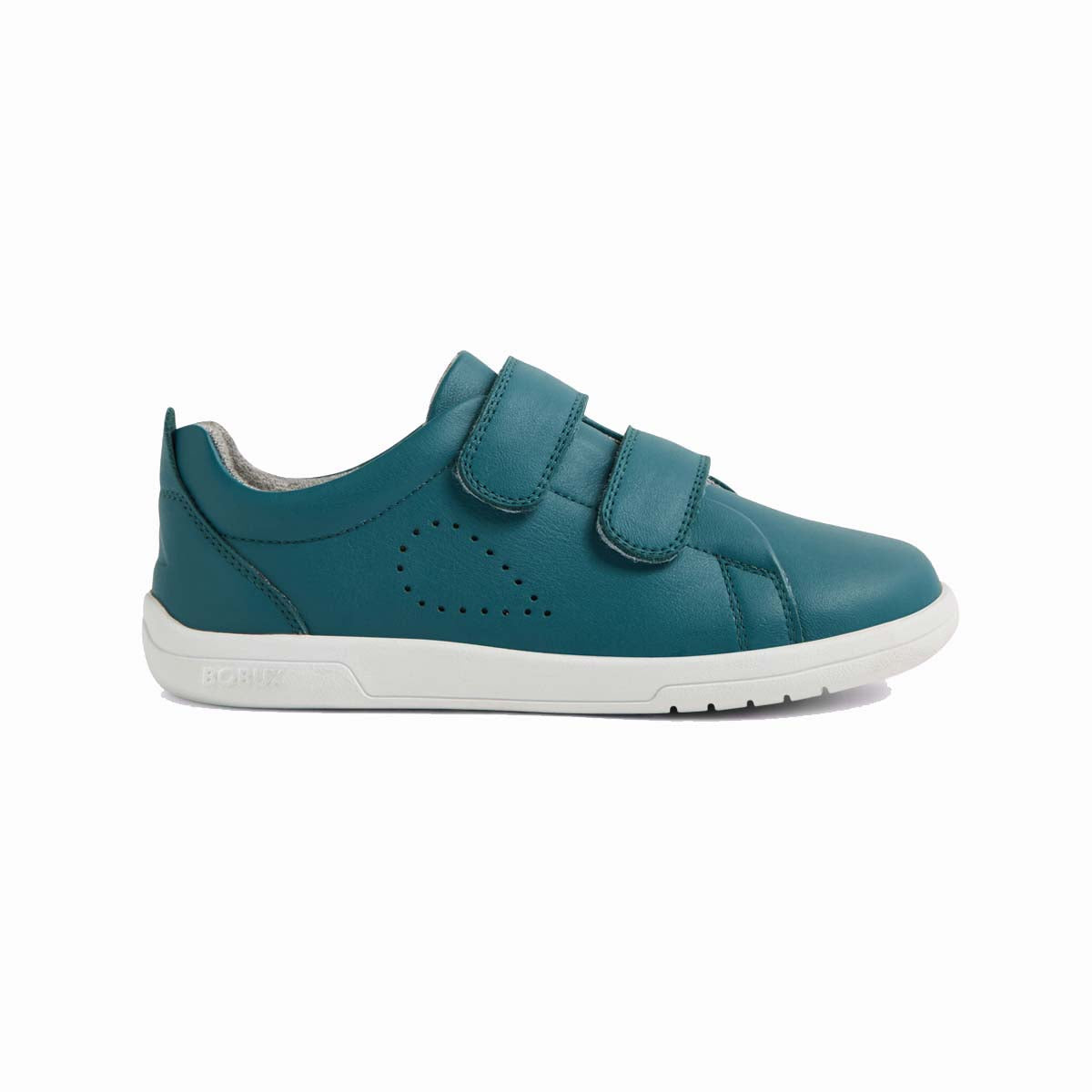 Sneaker Bobux Kid+ Grass Court II Mediterranea in pelle verde acqua con doppio velcro, motivo Bobux sul fianco e suola bianca