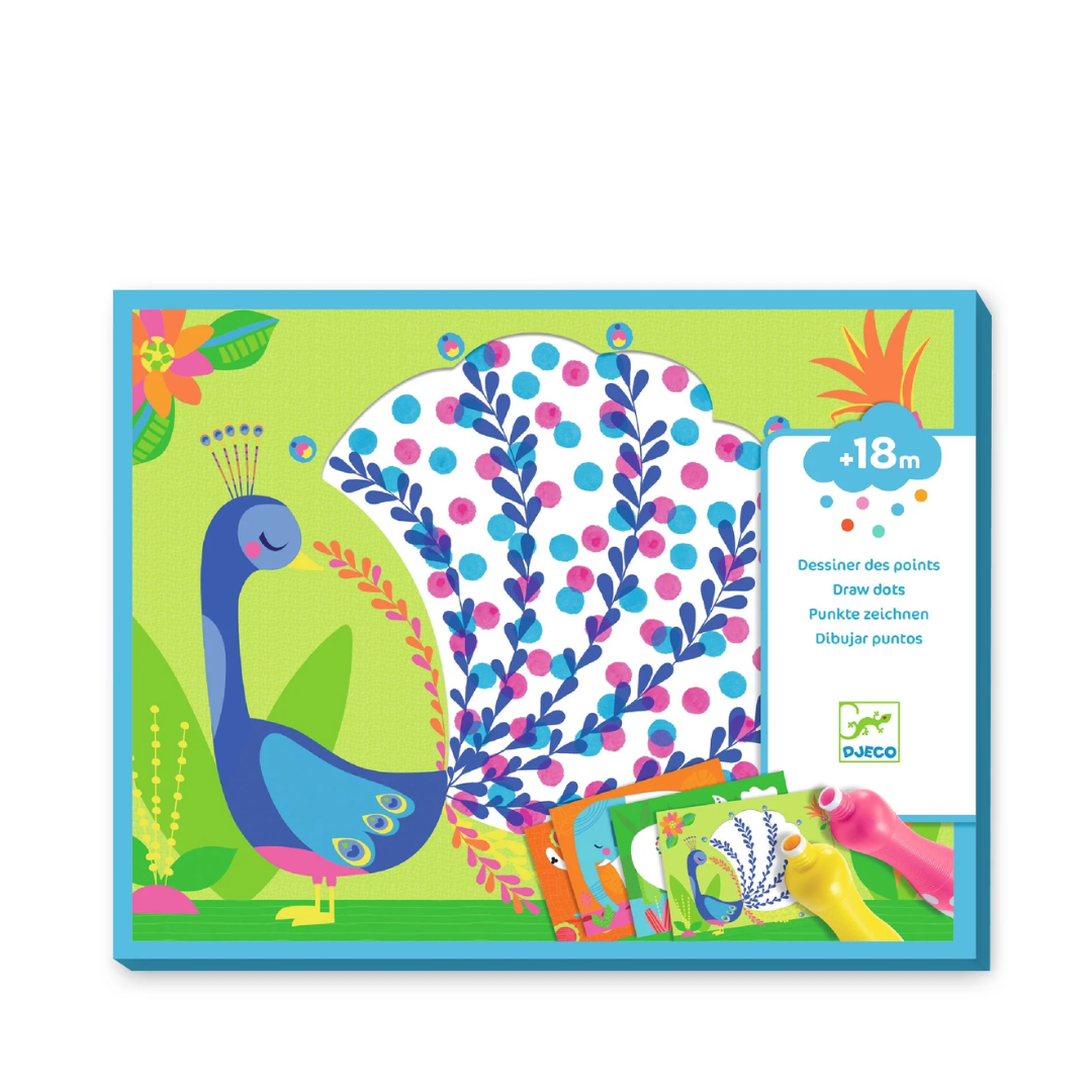 Djeco - Kit Creativo "Disegna con i Puntini" con tavola pavone e pennarelli colorati per bambini dai 18 mesi.