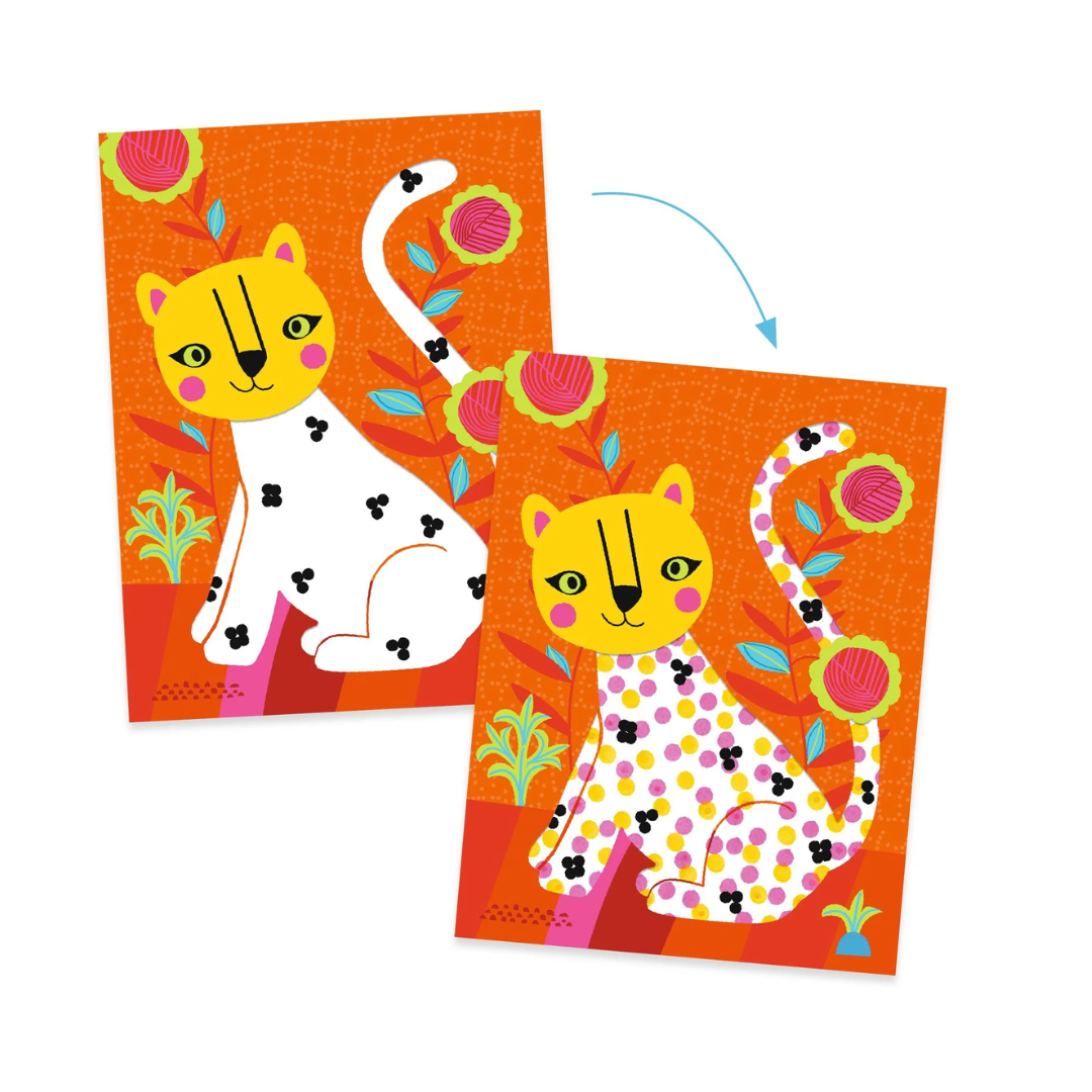 Quattro tavole illustrate del Kit Djeco "Disegna con i Puntini": elefante, pavone, coccodrillo e gatto.